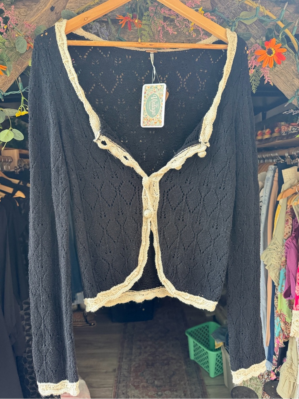 Free People Black Knit Cardigan with Cream Trim